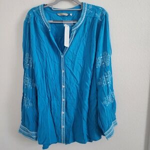 Soft‎ Surroundings Embroidered Long Sleeve Top Button Down Turquoise 1X